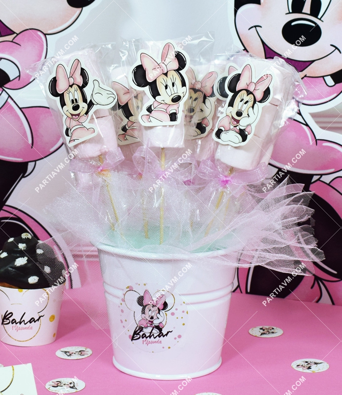 Minnie Mouse Beyaz Doğum Günü Süsleri Marshmallow Etiketli Kovada 10 Adet Kurdeleli Çubuklu İkramlık