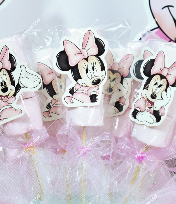 Minnie Mouse Beyaz Doğum Günü Süsleri Marshmallow Etiketli 10 Adet Kurdeleli Çubuklu İkramlık