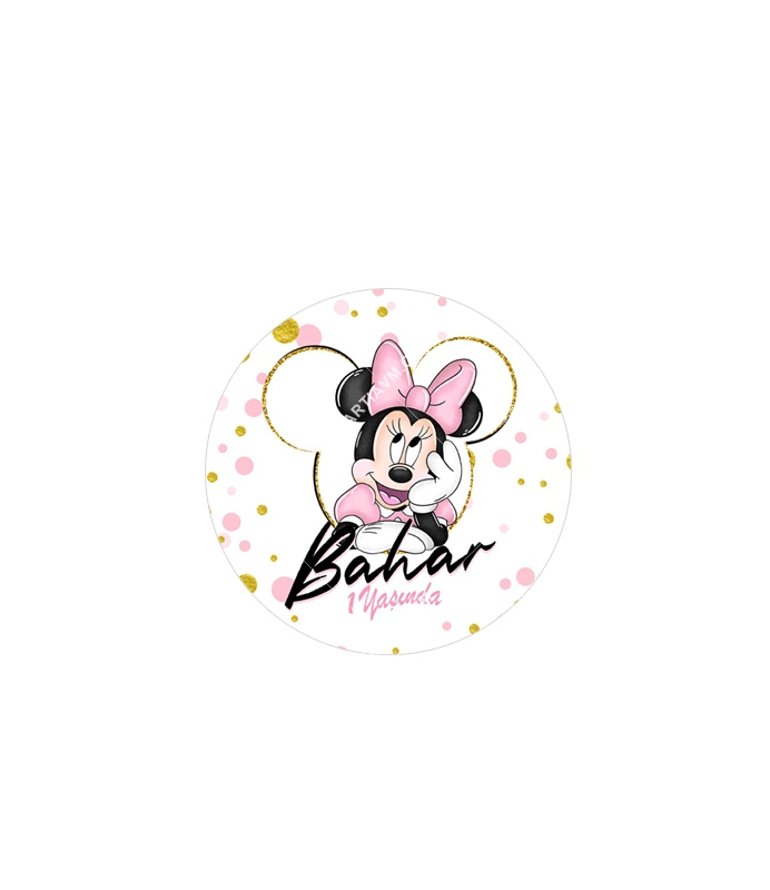 Minnie Mouse Beyaz Doğum Günü Süsleri Yuvarlak Etiket 3,5cm 15 Adet