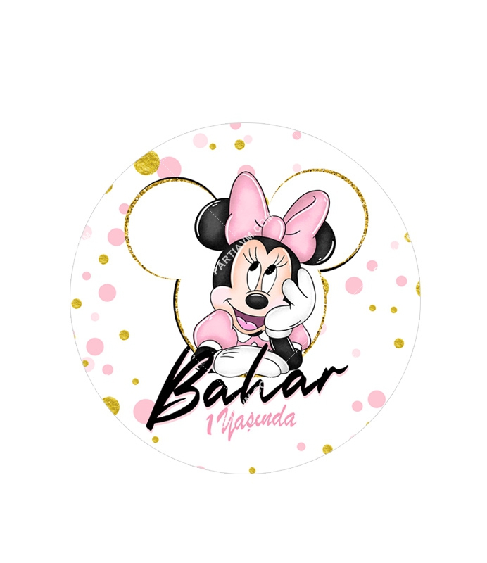 Minnie Mouse Beyaz Doğum Günü Süsleri Yuvarlak Etiket 7,5cm 10 Adet