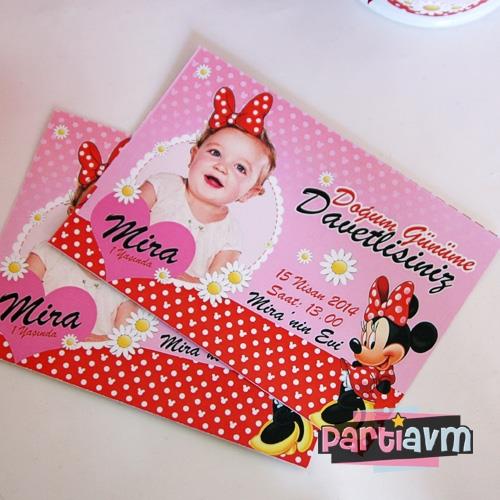 Minnie Mouse Doğum Günü Süsleri Davetiye Çift Taraflı Kalın Karton 4 Adet