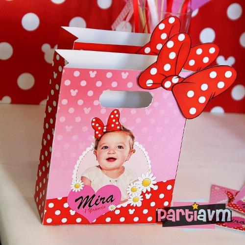 Minnie Mouse Doğum Günü Süsleri Hediye Çantası Özel Tasarım 13X16 cm Karton Fiyonk Süslemeli 5 Adet