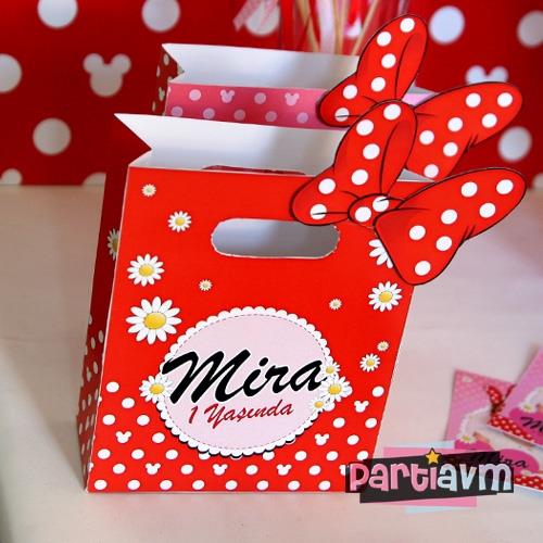 Minnie Mouse Doğum Günü Süsleri Hediye Çantası Özel Tasarım 13X16 cm Karton Fiyonk Süslemeli 5 Adet