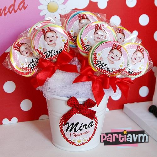 Minnie Mouse Doğum Günü Süsleri Lolipop Şeker Etiketli Kovada Etiketli Kurdeleli 10 Adet