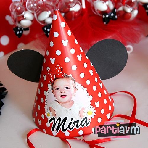 Minnie Mouse Doğum Günü Süsleri Parti Şapkası Kulaklı, Kurdele Bağlamalı 5 Adet