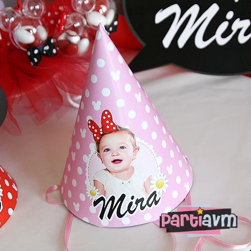 Minnie Mouse Doğum Günü Süsleri Parti Şapkası Kurdele Bağlamalı 5 Adet