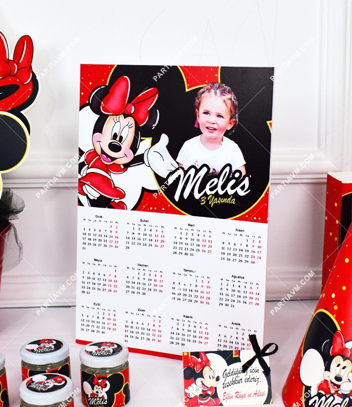 Minnie Mouse Kırmızı Doğum Günü Süsleri 19x29 cm Masaüstü Pano Takvim