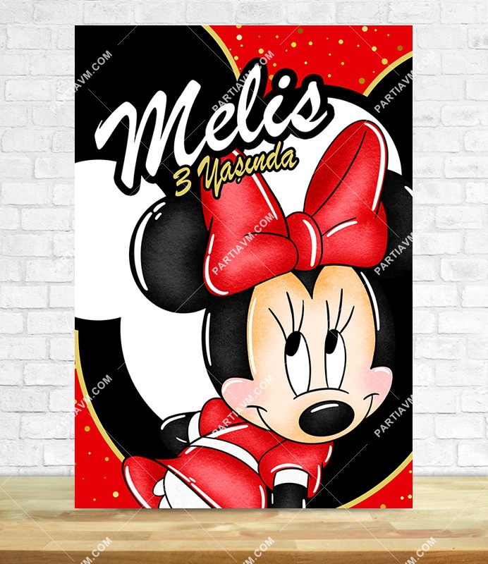 Minnie Mouse Kırmızı Doğum Günü Süsleri 70x100 cm Katlanmaz Pano Afiş