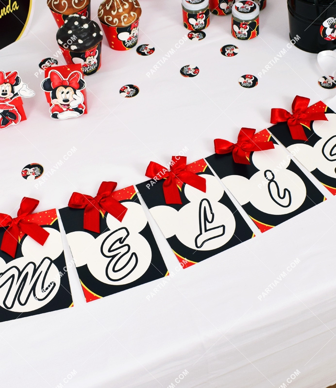 Minnie Mouse Kırmızı Doğum Günü Süsleri Banner İsim Kurdele Süslemeli