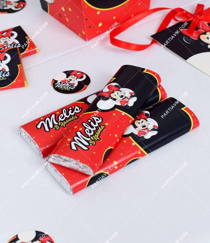 Minnie Mouse Kırmızı Doğum Günü Süsleri Baton Çikolata ve Çikolata Bandı