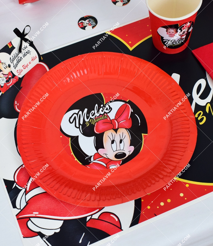 Minnie Mouse Kırmızı Doğum Günü Süsleri Etiketli Karton Tabak 5 Adet