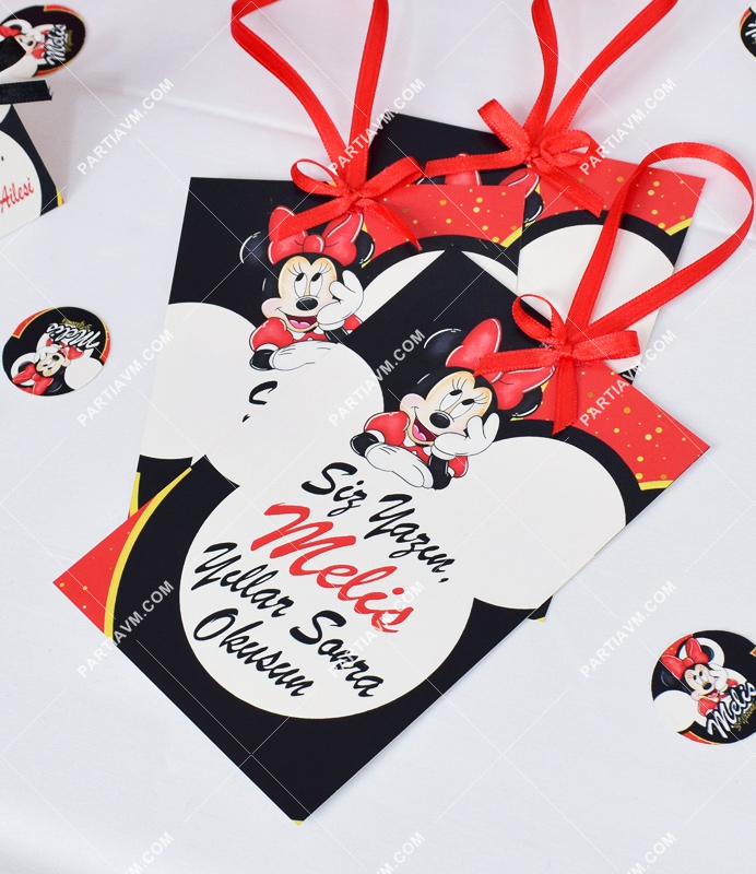 Minnie Mouse Kırmızı Doğum Günü Süsleri Hatıra Yazısı Kartı Kurdele Bağlamalı 6 Adet