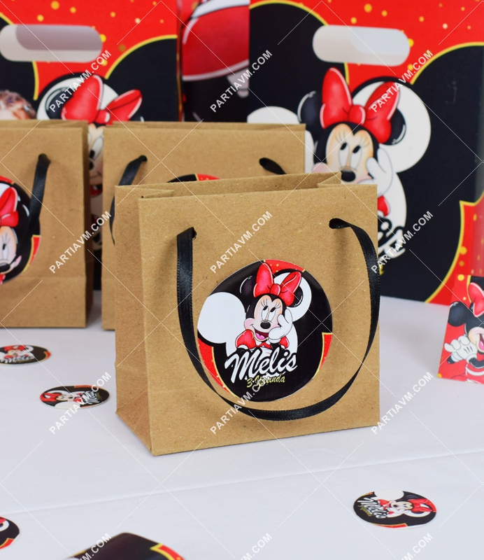 Minnie Mouse Kırmızı Doğum Günü Süsleri Hediye Çantası Etiketli Kurdeleli 10 X 10 cm 5 Adet