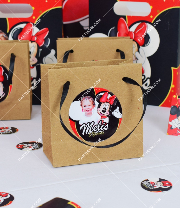 Minnie Mouse Kırmızı Doğum Günü Süsleri Hediye Çantası Etiketli Kurdeleli 10 X 10 cm 5 Adet