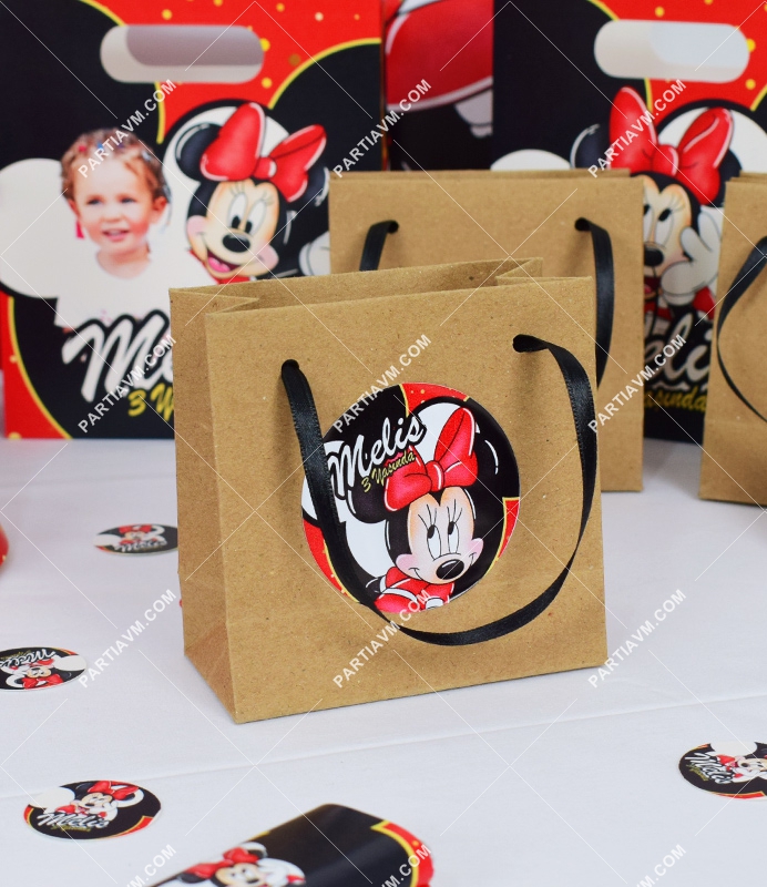 Minnie Mouse Kırmızı Doğum Günü Süsleri Hediye Çantası Etiketli Kurdeleli 10 X 10 cm 5 Adet