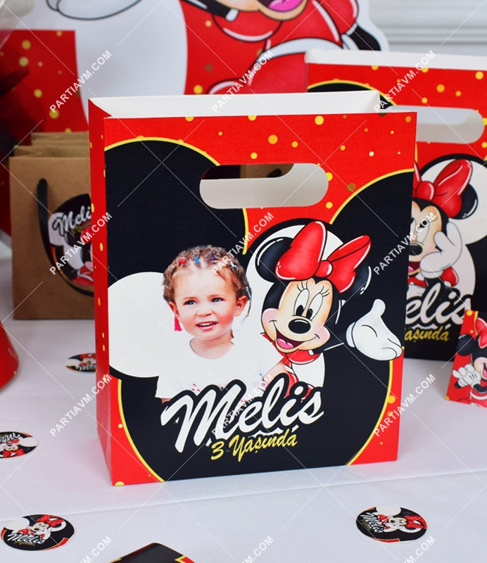 Minnie Mouse Kırmızı Doğum Günü Süsleri Hediye Çantası Özel Tasarım 13 X 16 cm 5 Adet
