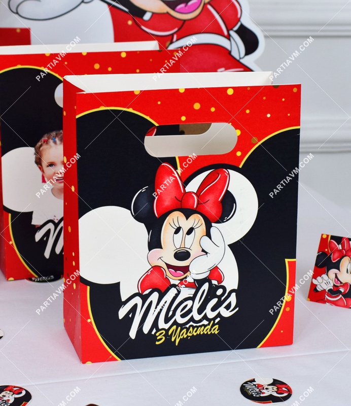 Minnie Mouse Kırmızı Doğum Günü Süsleri Hediye Çantası Özel Tasarım 13 X 16 cm 5 Adet