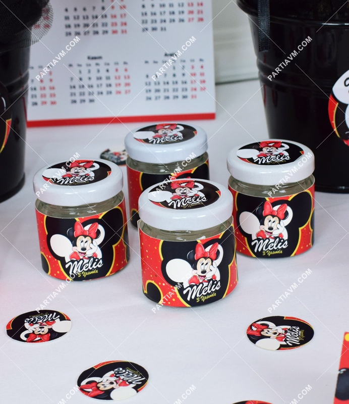 Minnie Mouse Kırmızı Doğum Günü Süsleri Hediyelik Etiketli Cam Kavanozda Top Sakız