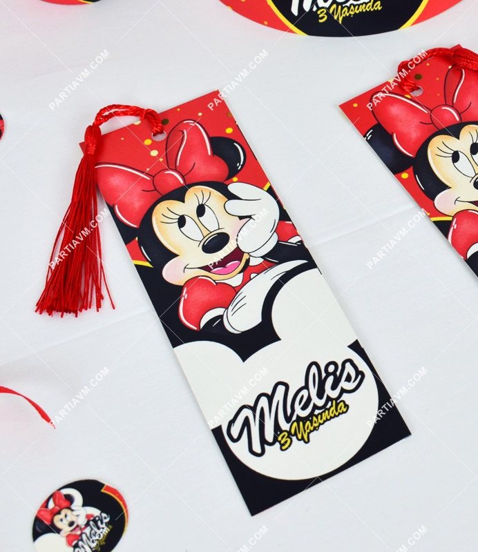 Minnie Mouse Kırmızı Doğum Günü Süsleri Hediyelik Püsküllü Kitap Ayracı 5 Adet