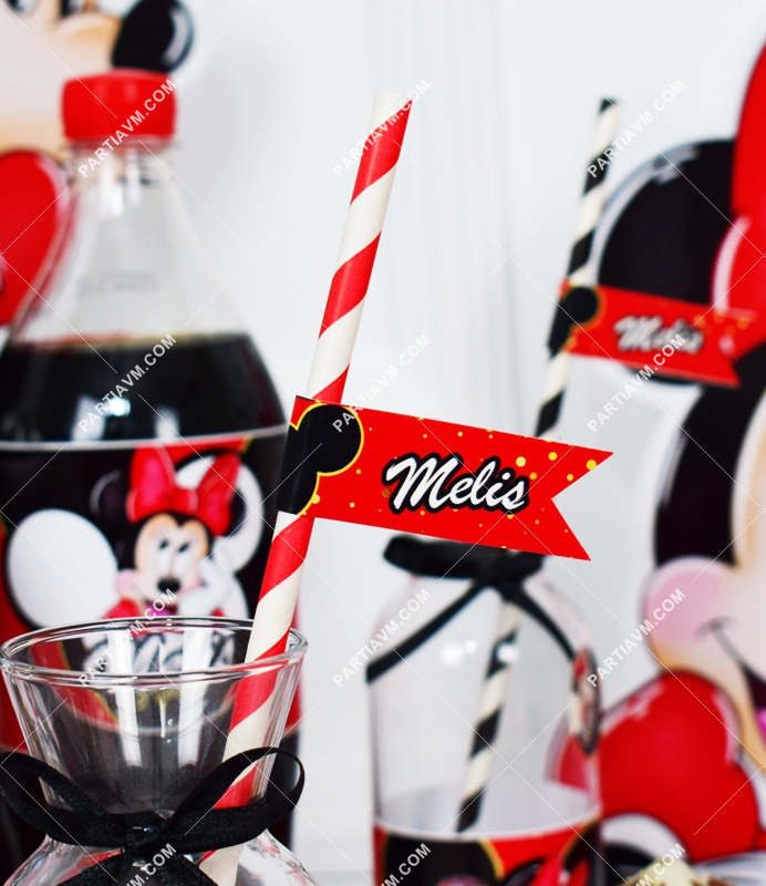 Minnie Mouse Kırmızı Doğum Günü Süsleri Kağıt Pipet Etiketli 12 Adet