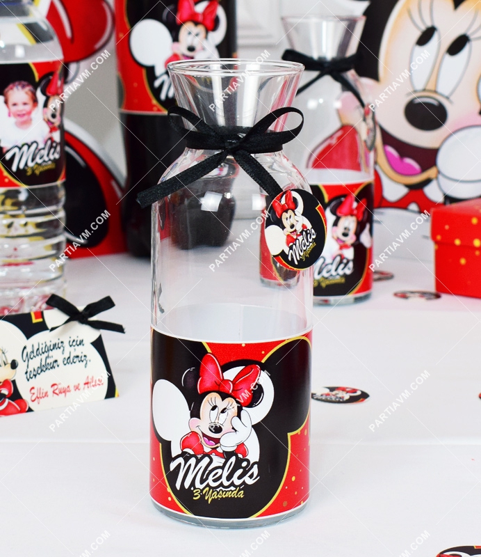 Minnie Mouse Kırmızı Doğum Günü Süsleri Karaf Cam Bardak Etiketli 6 Adet