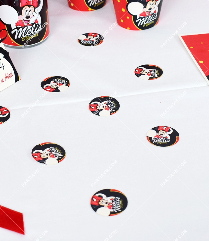 Minnie Mouse Kırmızı Doğum Günü Süsleri Karton Masaüstü Konfeti İsimli 3 cm Pakette 50 Adet