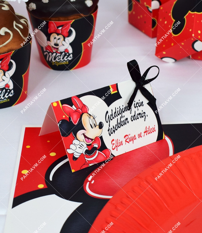 Minnie Mouse Kırmızı Doğum Günü Süsleri Karton Mini Teşekkür Kartı 8 Adet