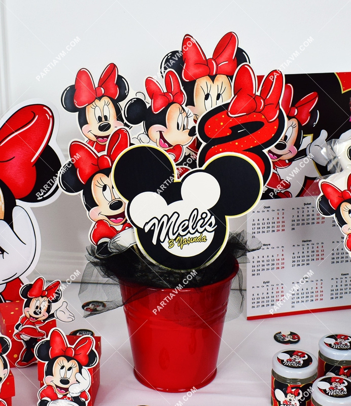 Minnie Mouse Kırmızı Doğum Günü Süsleri Kovada Özel Kesim Çubuk Karton Süsler