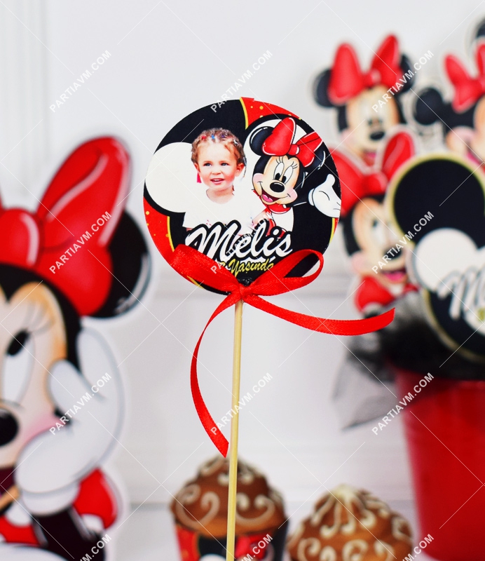 Minnie Mouse Kırmızı Doğum Günü Süsleri Kürdan Süs Seti Büyük Boy 10 Adet