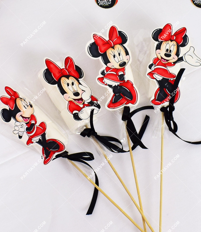 Minnie Mouse Kırmızı Doğum Günü Süsleri Marshmallow Etiketli 10 Adet Kurdeleli Çubuklu İkramlık
