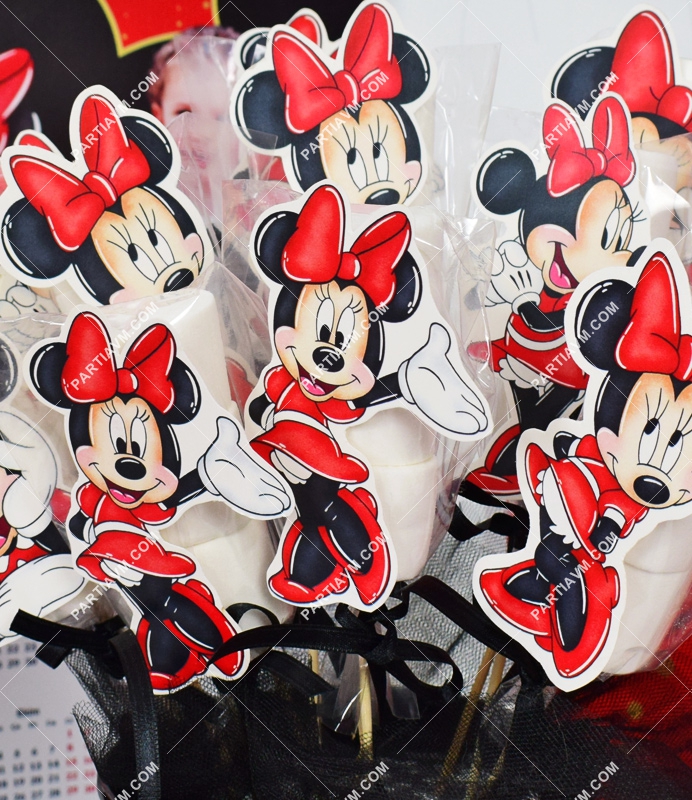 Minnie Mouse Kırmızı Doğum Günü Süsleri Marshmallow Etiketli 10 Adet Kurdeleli Çubuklu İkramlık
