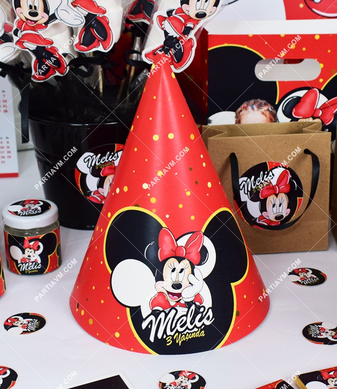 Minnie Mouse Kırmızı Doğum Günü Süsleri Parti Şapkası 5 Adet