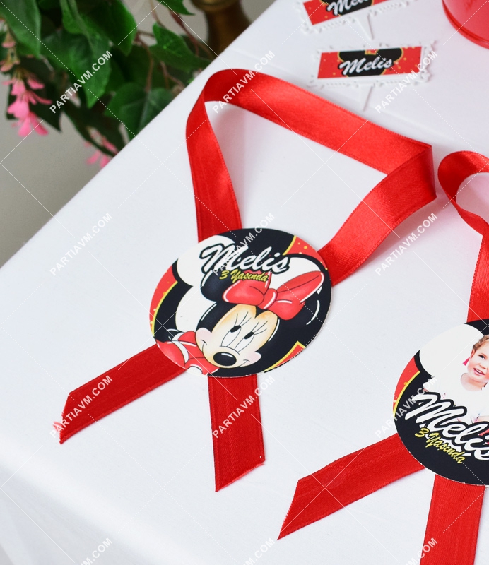 Minnie Mouse Kırmızı Doğum Günü Süsleri Sunum Etiketi Kurdele Askılı 5 Adet