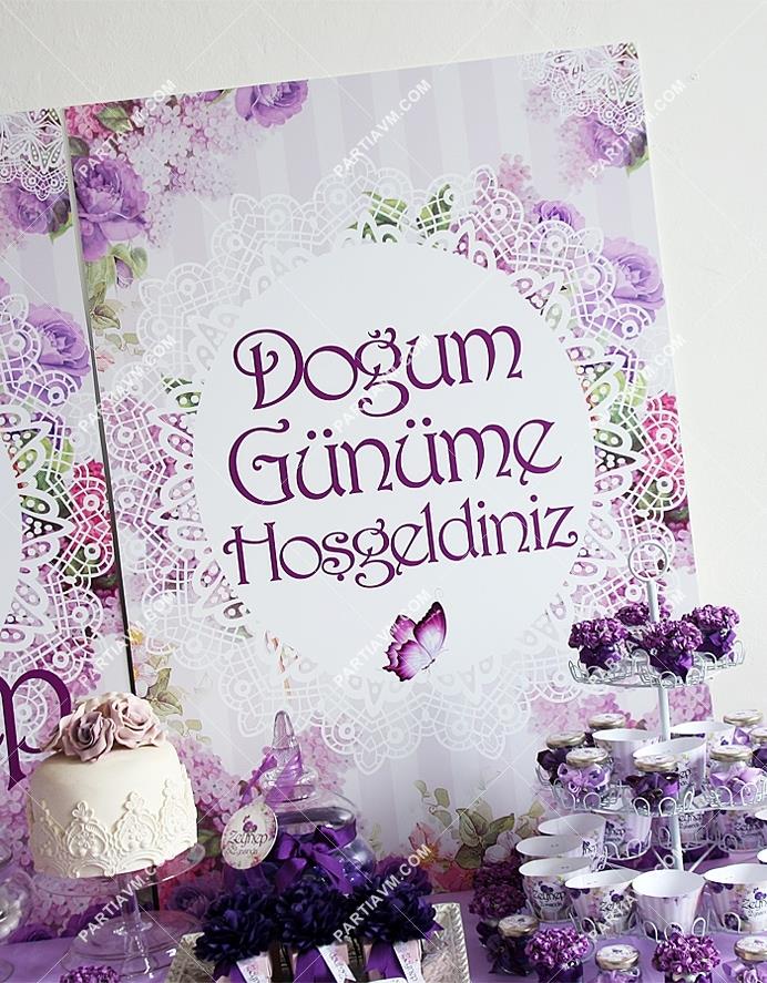 Mor Düşler Doğum Günü 70x100 cm Katlanmaz Pano Afiş 2 Adet Fotoğraflı Set Ekonomik Fiyat