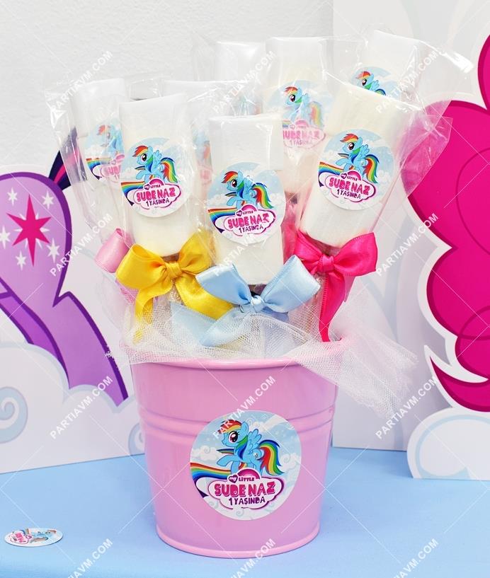 My Little Pony Doğum Günü Marshmallow Etiketli Kovada 10 Adet Süslü Çubuklarda