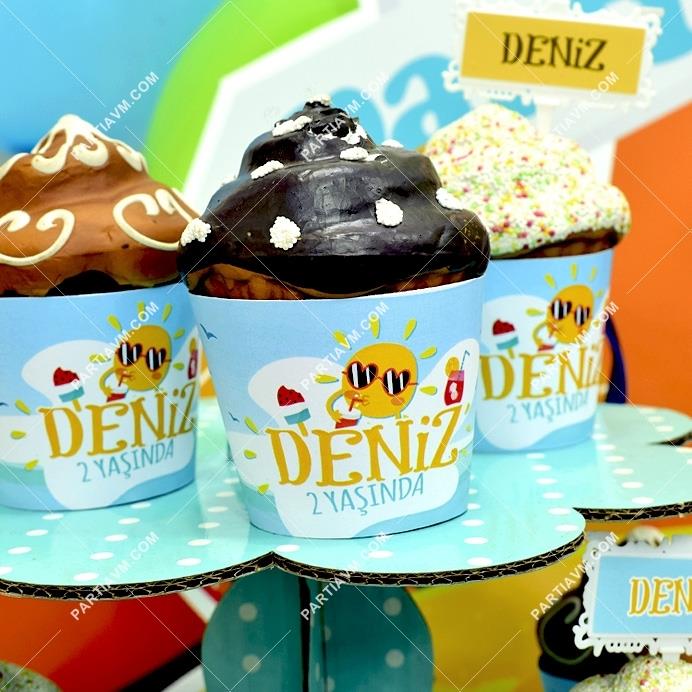 Neşeli Plaj Doğum Günü Cupcake Sargısı 10 Adet