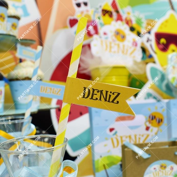 Neşeli Plaj Doğum Günü Kağıt Pipet Etiketli 12 Adet