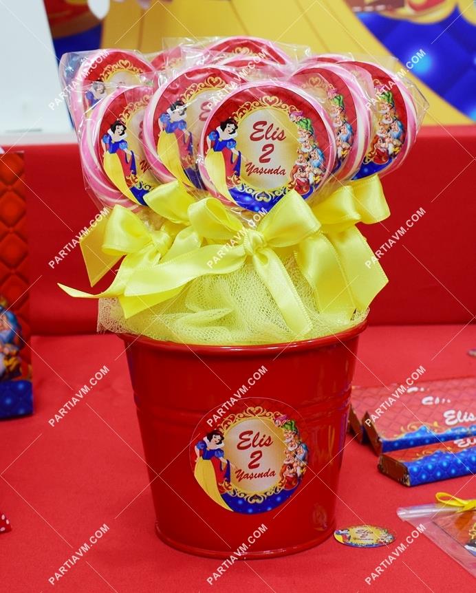 Pamuk Prenses Doğum Günü Lolipop Şeker Etiketli Kovada Süslemeli 10 Adet