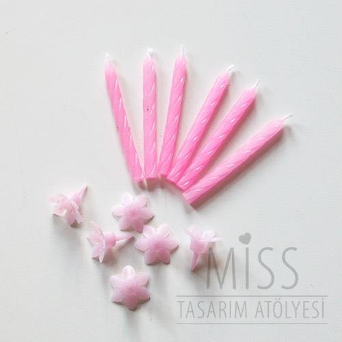 Pembe Burgulu İnce Pasta Mumu 6 Adet