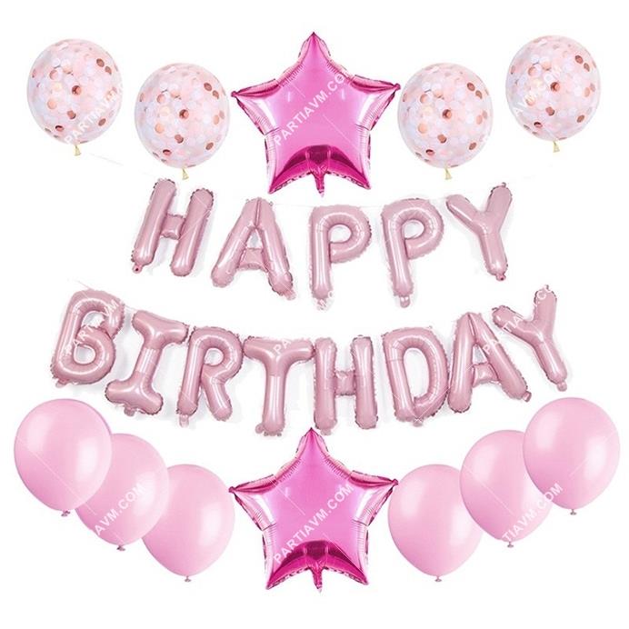 Pembe Happy Birthday Balon Seti 25li