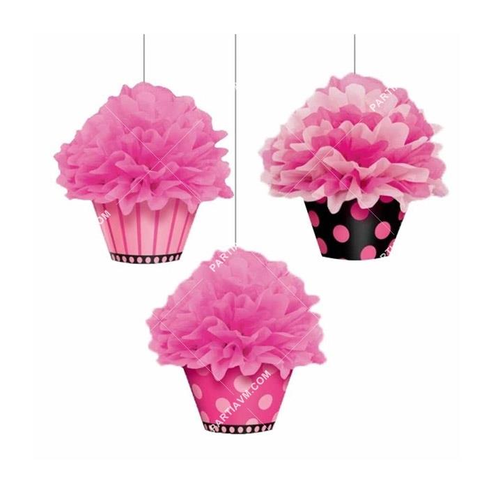 Pembe Üçlü Cupcake Ponpon Süs Seti 26 cm