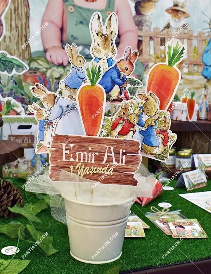 Peter Rabbit Doğum Günü Kovada Özel Kesim Çubuk Karton Süsler