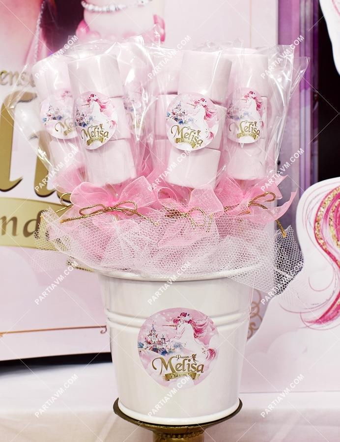 Prenses Masalı Doğum Günü Marshmallow Kovada 10 Adet Etiketli Süslü Çubuklarda