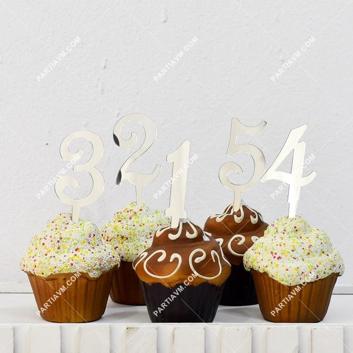 Rakamlı Cupcake Süsü Gümüş Aynalı Pleksi Orta Boy Boy 5cm