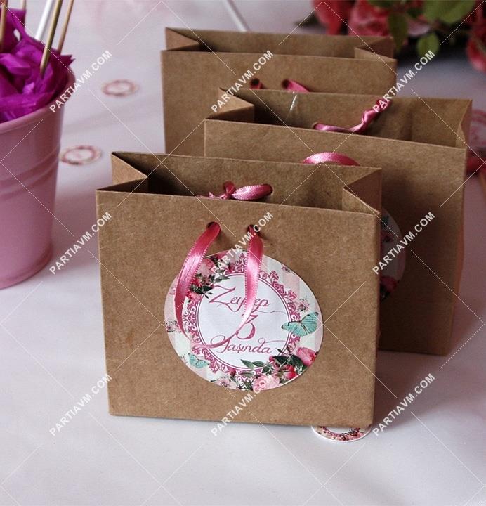 Romantik Bahar Gülleri Doğum Günü Hediye Çantası Etiketli Kurdeleli 10 X 10 cm 5 Adet