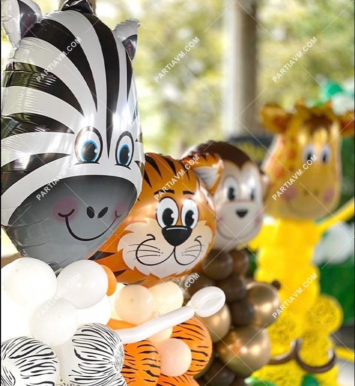 Safari Balon Standı 4 Adet 180cm Zebra Kaplan Zürafa Maymun Set Kolay Kurulum Full Set 