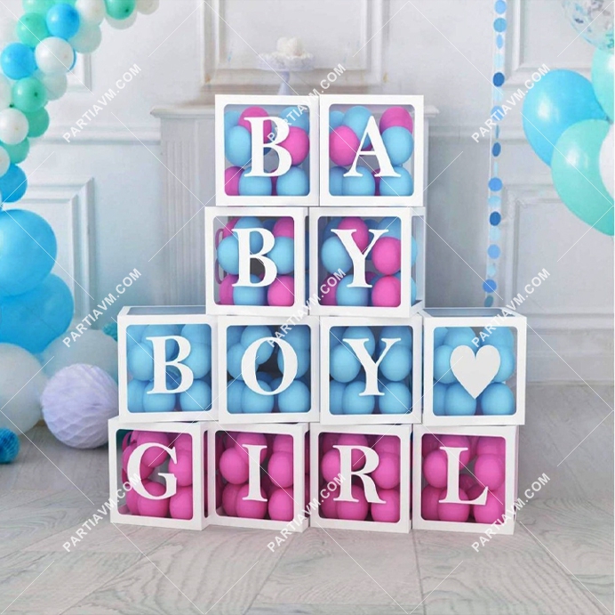 Şeffaf Balon Kutusu Set BOY / GIRL / BABY Yazılı 12 adet Cinsiyet Partisi 25x25x25cm 