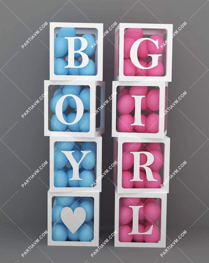 Şeffaf Balon Kutusu Set BOY / GIRL Yazılı 8 adet Cinsiyet Partisi 25x25x25cm 