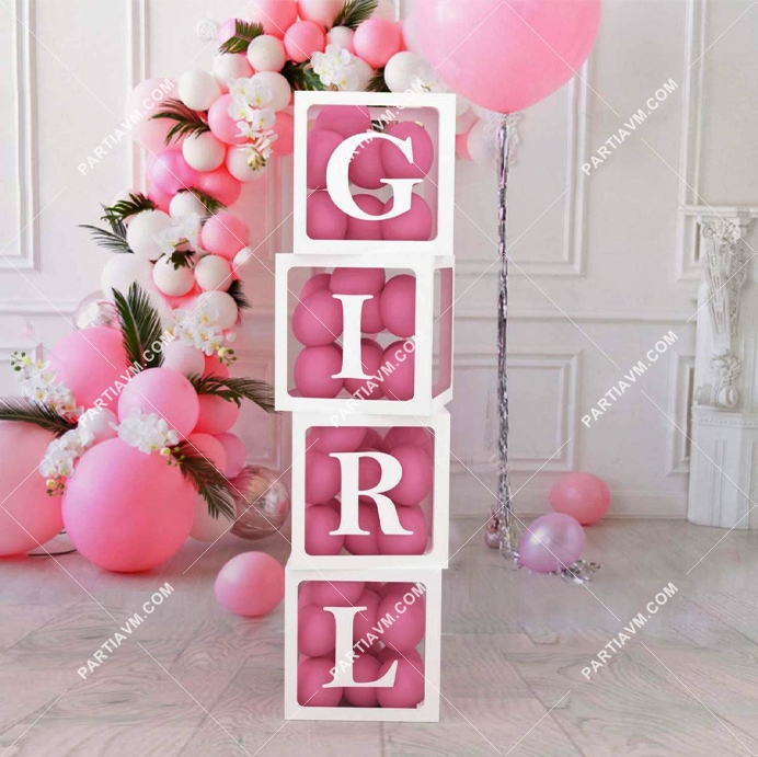 Şeffaf Balon Kutusu Set GIRL Yazılı 4 adet Pembe Renk 25x25x25cm 