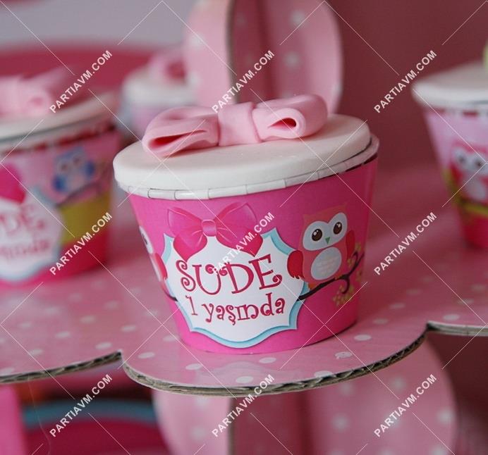 Sevimli Baykuş Doğum Günü Süsleri Cupcake Standı Pembe Puantiyeli ve Cupcake Sargısı 20 Adet
